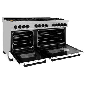 ZLINE Autograph Edition 60 in. 7.4 cu. ft. Legacy Dual Fuel Range with 9 Burner Gas Cooktop and 2 Electric Convection Ovens in Stainless Steel with White Matte Doors and Matte Black Accents (RAZ-WM-60-MB) side, oven open.