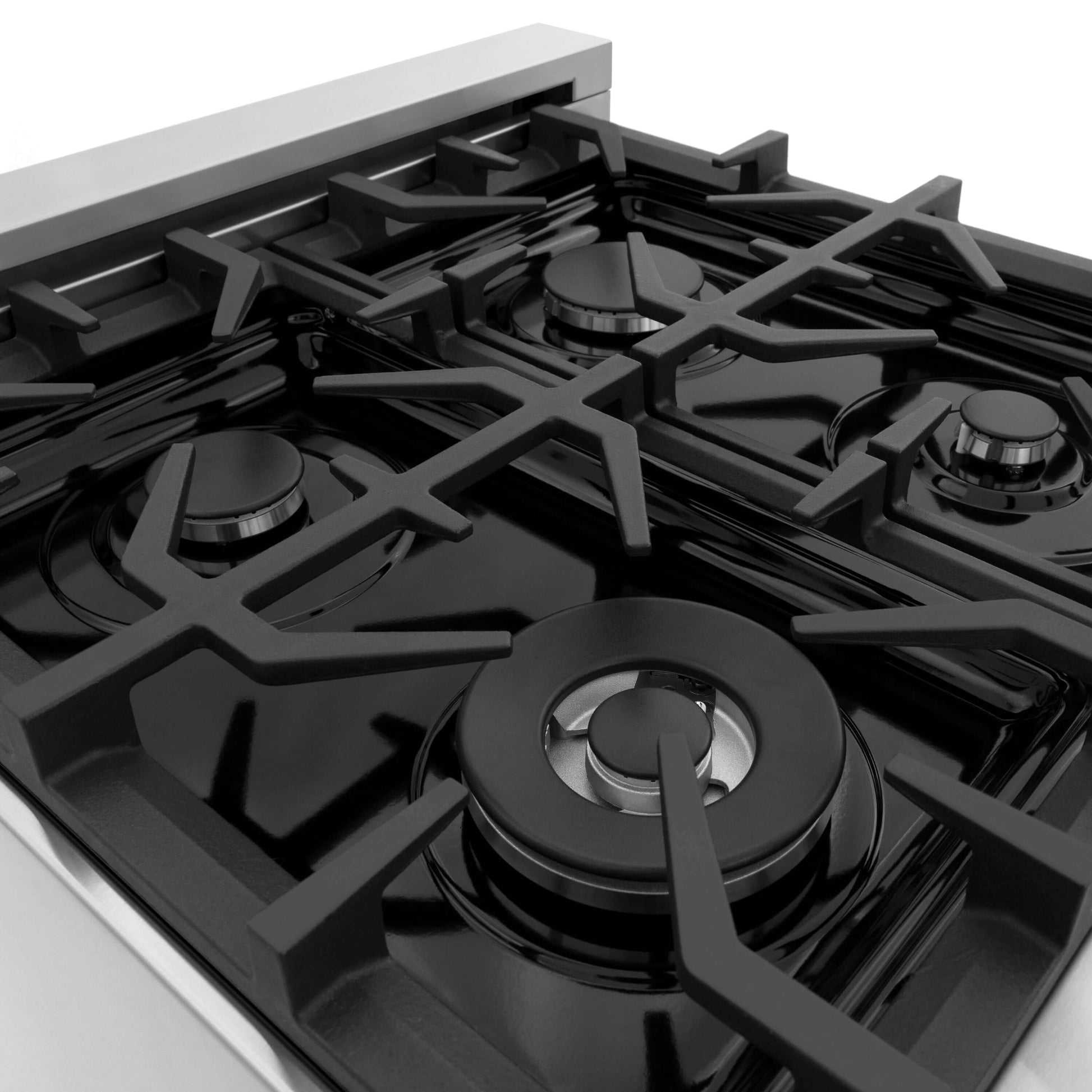 ZLINE 30 in. Kitchen Package with Stainless Steel Dual Fuel Range with Black Matte Door and Convertible Vent Range Hood (2KP-RABLMRH30) close-up black porcelain cooktop without grates and Italian-made sealed burners.