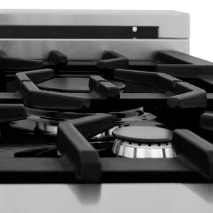 ZLINE sealed burner and cast-iron grates on cooktop from side.