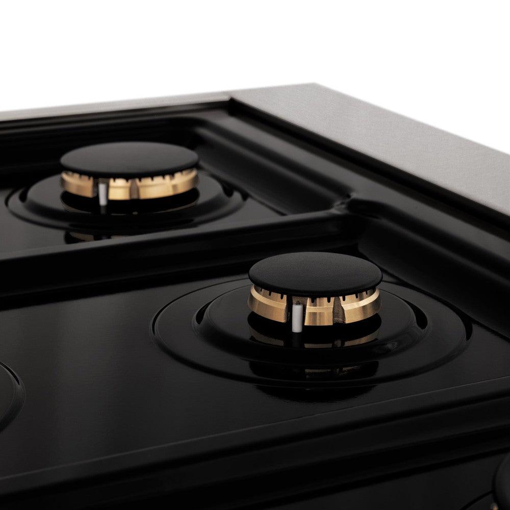 Close-up gas burners on black porcelain cooktop of ZLINE 36 in. Professional Dual Fuel Range in Fingerprint Resistant Stainless Steel with Brass Burners (RAS-SN-BR-36)