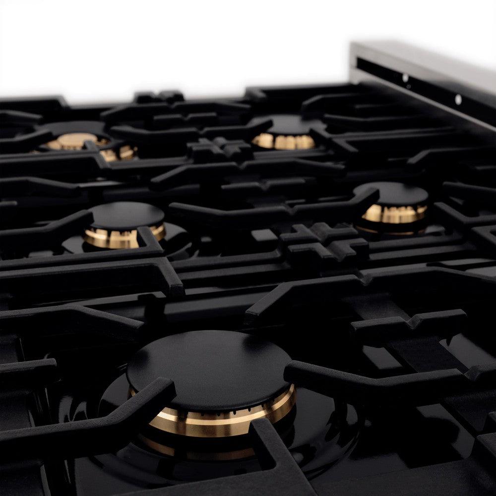 ZLINE brass burners, cast-iron grates, and black porcelain cooktop from side.