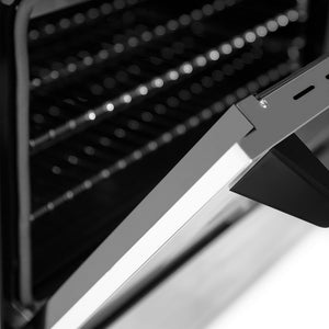 ZLINE Autograph Edition 48 in. 6.0 cu. ft. Legacy Dual Fuel Range with 7 Burner Gas Cooktop and 2 Electric Ovens in Stainless Steel and Matte Black Accents (RAZ-48-MB) oven door.