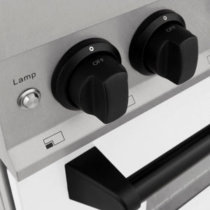 ZLINE Autograph Edition 60 in. 7.4 cu. ft. Legacy Dual Fuel Range with 9 Burner Gas Cooktop and 2 Electric Convection Ovens in Stainless Steel with White Matte Doors and Matte Black Accents (RAZ-WM-60-MB) side, control knobs close-up.