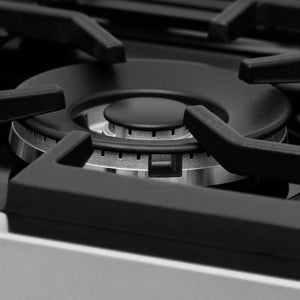 ZLINE 48 in. Legacy Gas Rangetop with 7 Burners and Porcelain Cooktop in Satin Stainless Steel (RTS-48) close-up, aluminum burner and grates.