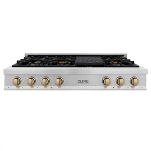 ZLINE Autograph Edition 48 in. Porcelain Rangetop with 7 Gas Burners in DuraSnow® Stainless Steel and Champagne Bronze Accents (RTSZ-48-CB) front.