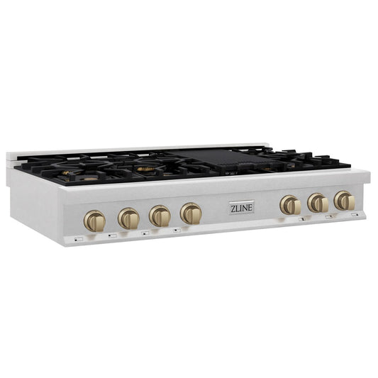 ZLINE Autograph Edition 48 in. Porcelain Rangetop with 7 Gas Burners in DuraSnow® Stainless Steel and Champagne Bronze Accents (RTSZ-48-CB) side.