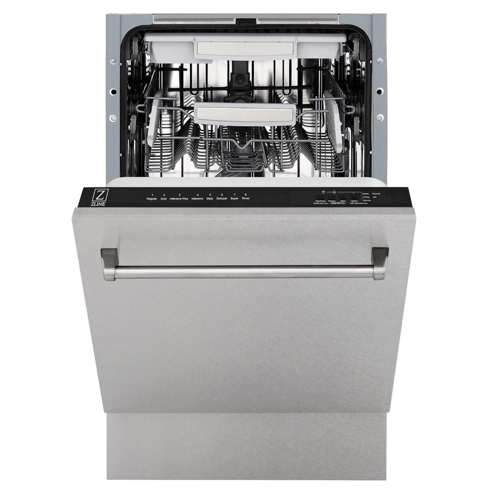 ZLINE 18 in. Tallac Series 3rd Rack Top Control Dishwasher with a Stainless Steel Tub with Fingerprint Resistant Stainless Steel Panel, 51dBa (DWV-SN-18) front, half open.