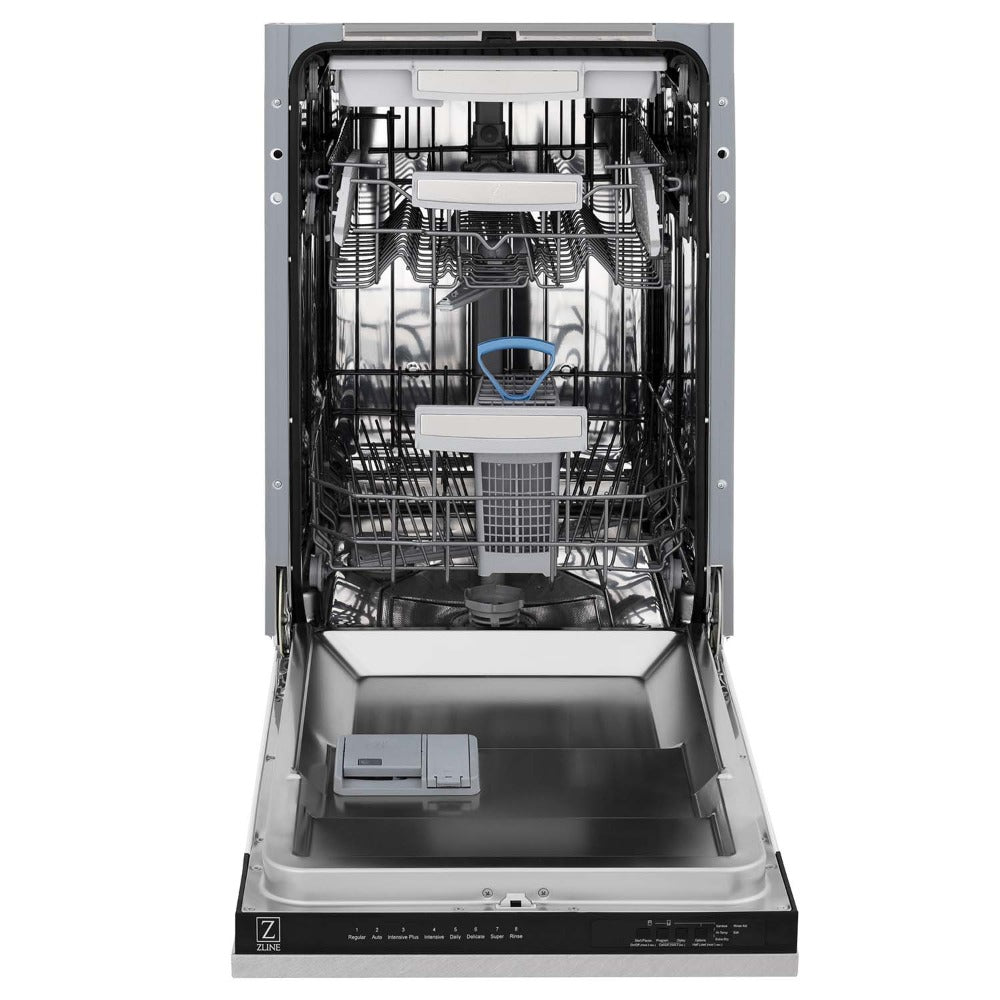 ZLINE 18 in. Tallac Series 3rd Rack Top Control Dishwasher with a Stainless Steel Tub with Fingerprint Resistant Stainless Steel Panel, 51dBa (DWV-SN-18) front, door open.