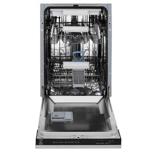 ZLINE 18 in. Tallac Series 3rd Rack Top Control Dishwasher with a Stainless Steel Tub with Fingerprint Resistant Stainless Steel Panel, 51dBa (DWV-SN-18) front, door open.