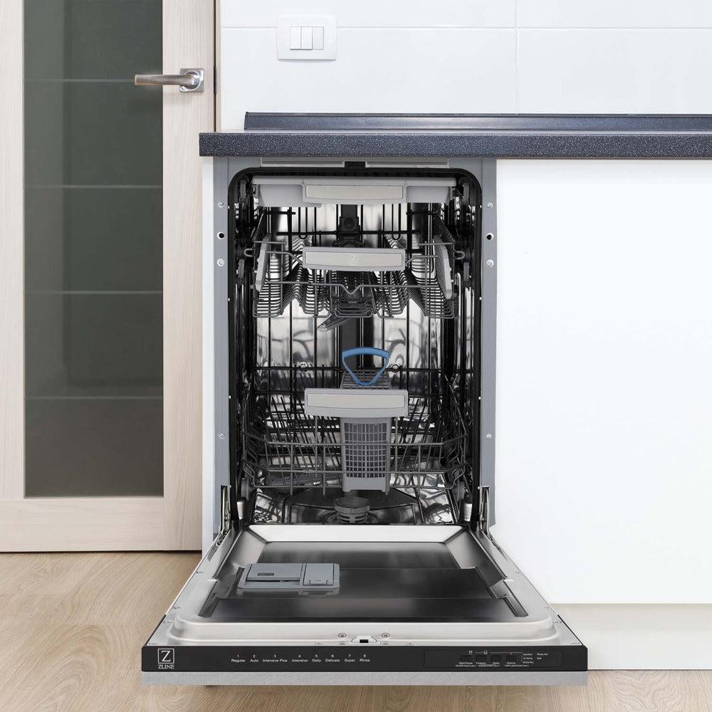 ZLINE 18" Tallac Series Dishwasher in DuraSnow in a kitchen with door open.