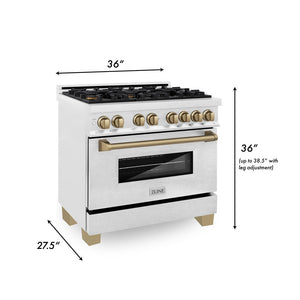 ZLINE Autograph Edition 36 in. 4.6 cu. ft. Legacy Dual Fuel Range with 6 Burner Gas Cooktop and Electric Convection Oven in DuraSnow® Stainless Steel and Champagne Bronze Accents (RASZ-SN-36-CB) dimensional diagram.