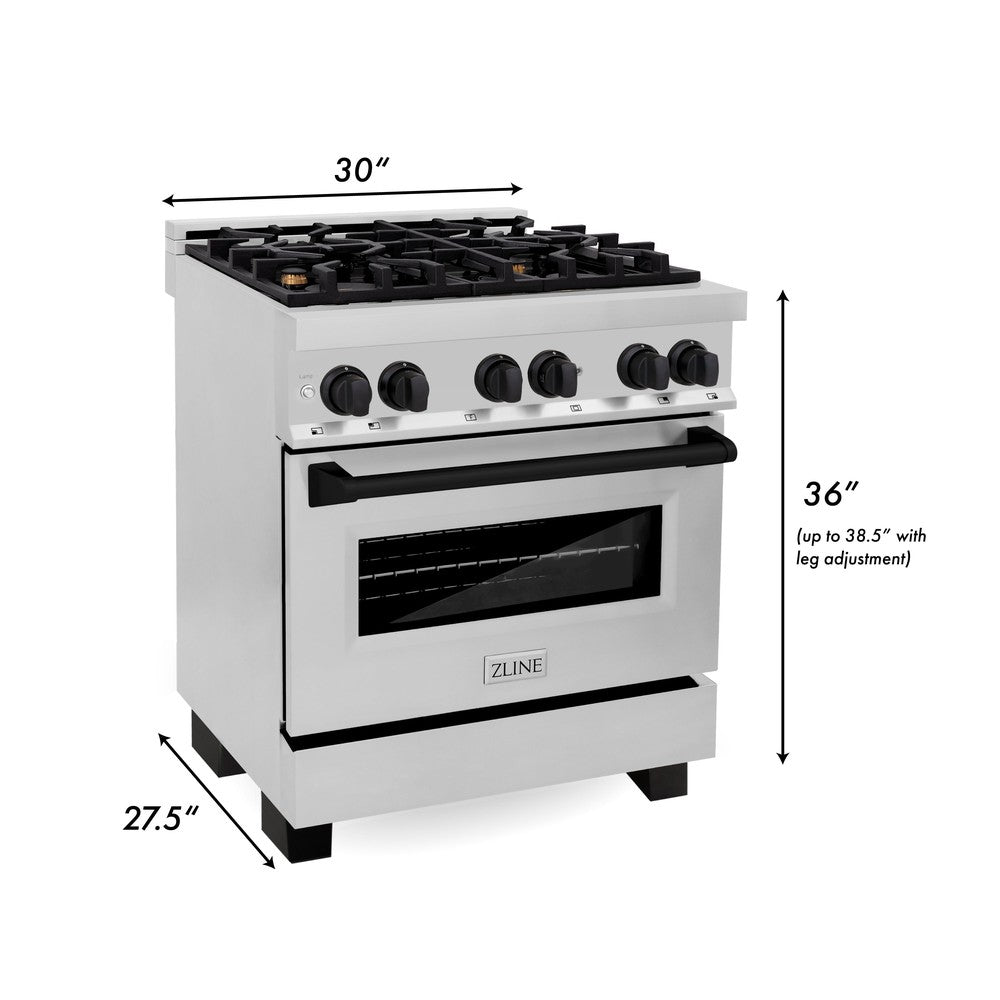 ZLINE Autograph Edition 30 in. 4.0 cu. ft. Legacy Dual Fuel Range with 4 Burner Gas Cooktop and Electric Convection Oven in Stainless Steel and Matte Black Accents (RAZ-30-MB) dimensional diagram.