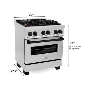 ZLINE Autograph Edition 30 in. 4.0 cu. ft. Legacy Dual Fuel Range with 4 Burner Gas Cooktop and Electric Convection Oven in Stainless Steel and Matte Black Accents (RAZ-30-MB) dimensional diagram.