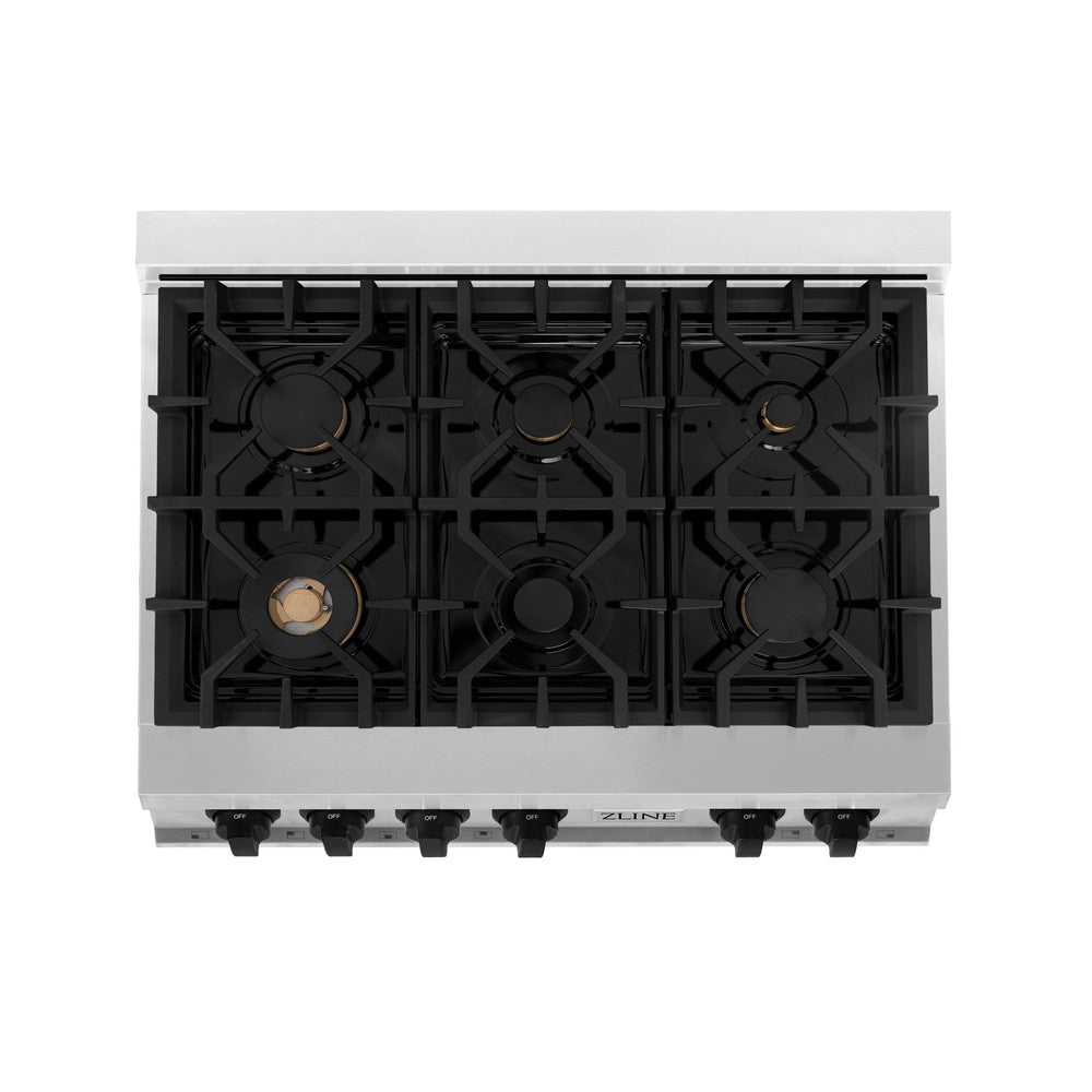 ZLINE Autograph Edition 36 in. Porcelain Rangetop with 6 Gas Burners in Stainless Steel with Matte Black Accents (RTZ-36-MB) from above showing gas burners and cast-iron grates.