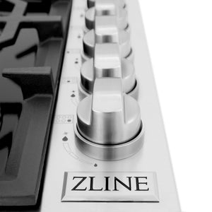 ZLINE 36 in. Gas Cooktop with 6 Brass Burners and Black Porcelain Top (RC-BR-36-PBT) knobs and logo.