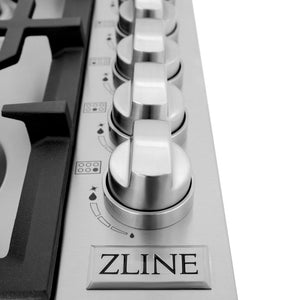 ZLINE 36 in. Gas Cooktop with 6 Brass Burners (RC-BR-36) knobs and logo.