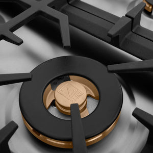 ZLINE 36 in. Gas Cooktop with 6 Brass Burners (RC-BR-36) large brass burner with logo.