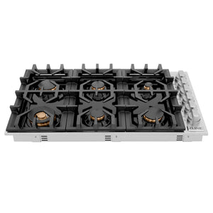 ZLINE 36 in. Gas Cooktop with 6 Brass Burners and Black Porcelain Top (RC-BR-36-PBT) front.