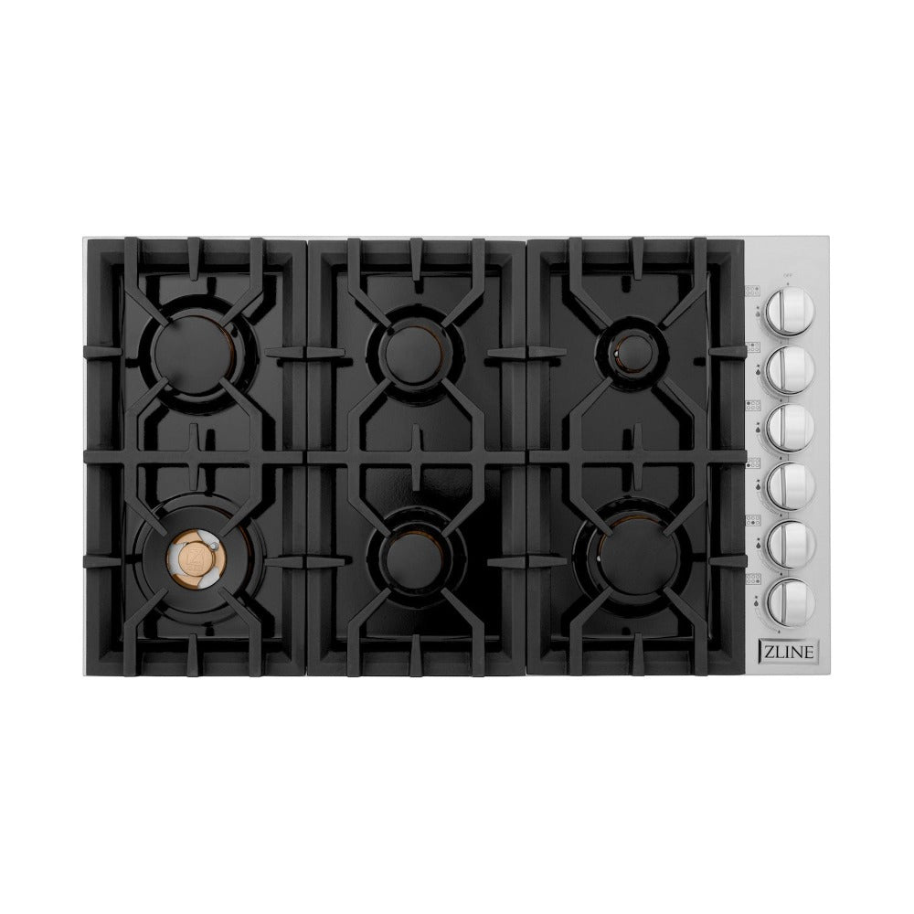 ZLINE 36 in. Gas Cooktop with 6 Brass Burners and Black Porcelain Top (RC-BR-36-PBT) overhead.