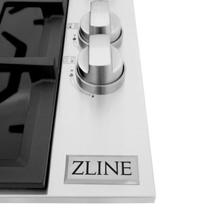 ZLINE 30 in. Gas Cooktop with 4 Burners and Black Porcelain Top (RC30-PBT) close-up, knobs and logo.