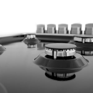 ZLINE 36 in. Gas Cooktop with 6 Burners and Black Porcelain Top (RC36-PBT) close-up, burner on black porcelain top.