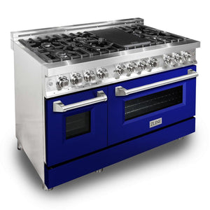 ZLINE 48 in. 6.0 cu. ft. Legacy Dual Fuel Range with 7 Burner Gas Cooktop and 2 Electric Ovens in Stainless Steel and Blue Gloss Doors (RA-BG-48) side, oven closed.