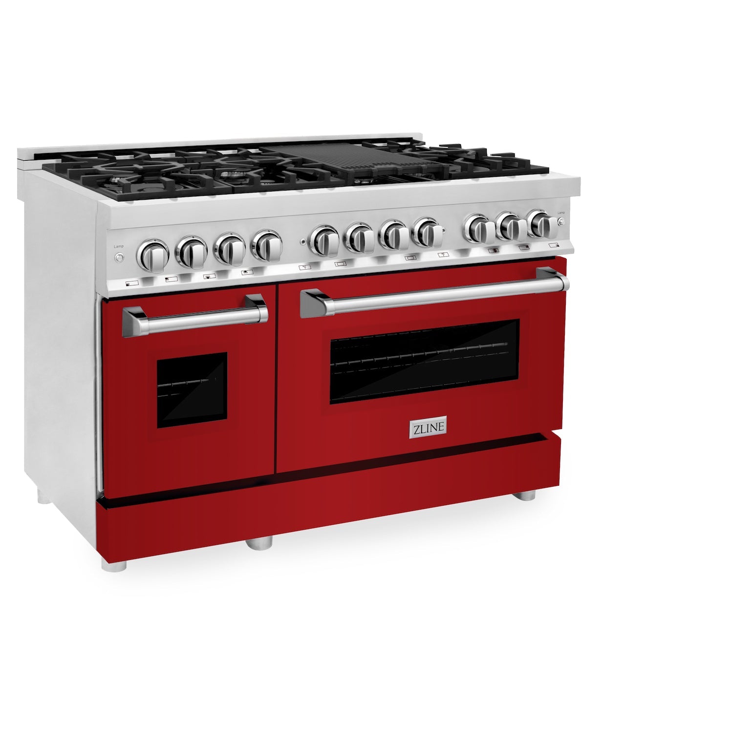 ZLINE 48 in. Professional Dual Fuel Range in Stainless Steel with Red Gloss Doors (RA-RG-48) side, oven closed.