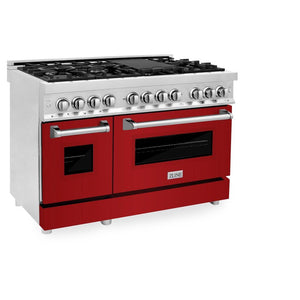 ZLINE 48 in. 6.0 cu. ft. Legacy Dual Fuel Range with 7 Burner Gas Cooktop and 2 Electric Ovens in Stainless Steel and Red Gloss Doors (RA-RG-48) side, oven closed.