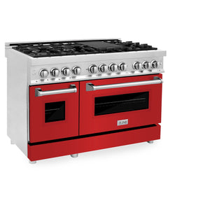 ZLINE 48 in. 6.0 cu. ft. Legacy Dual Fuel Range with 7 Burner Gas Cooktop and 2 Electric Ovens in Stainless Steel and Red Matte Doors (RA-RM-48) side, oven closed.