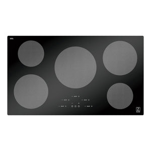 ZLINE 36 in. Induction Cooktop with 5 burners (RCIND-36) from above showing induction cooking elements on Schott Ceran® glass cooktop.