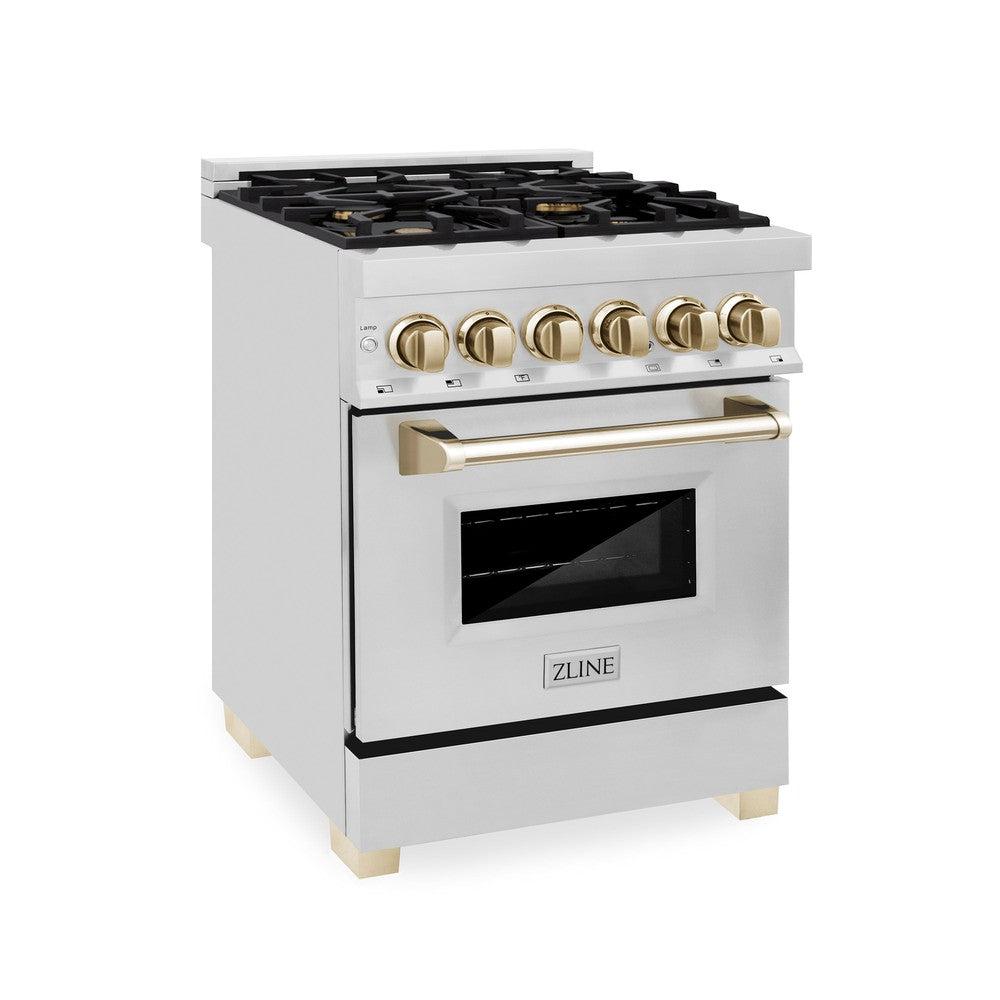 ZLINE Autograph Edition 24 in. 2.8 cu. ft. Legacy Dual Fuel Range with 4 Burner Gas Cooktop and Electric Convection Oven in Stainless Steel and Polished Gold Accents (RAZ-24-G) side, oven closed.