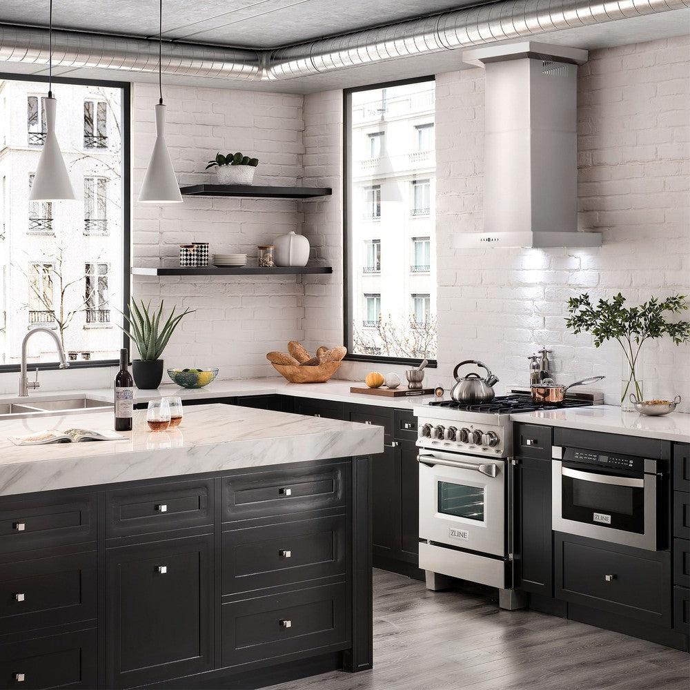 ZLINE Convertible Vent Wall Mount Range Hood in Stainless Steel with Crown Molding (KECRN) in a modern apartment kitchen.