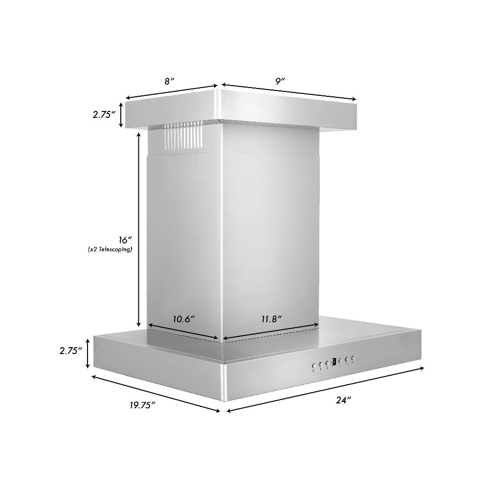 ZLINE Convertible Vent Wall Mount Range Hood in Stainless Steel with Crown Molding (KECRN) 24-inch dimensional measurements.