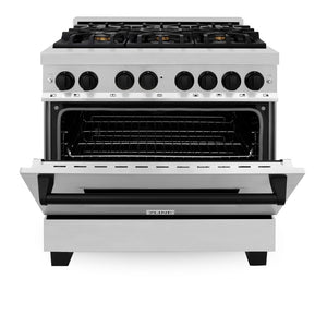 ZLINE Autograph Edition 36 in. 4.6 cu. ft. Legacy Dual Fuel Range with 6 Burner Gas Cooktop and Electric Convection Oven in Stainless Steel and Matte Black Accents (RAZ-36-MB) front, oven half open.