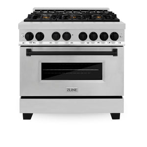 ZLINE Autograph Edition 36 in. 4.6 cu. ft. Legacy Dual Fuel Range with 6 Burner Gas Cooktop and Electric Convection Oven in Stainless Steel and Matte Black Accents (RAZ-36-MB) front, oven closed.