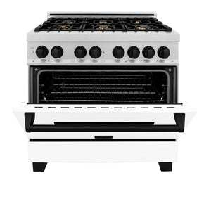 ZLINE Autograph Edition 36 in. Kitchen Package with Stainless Steel Dual Fuel Range with White Matte Door and Range Hood with Matte Black Accents (2AKP-RAWMRH36-MB) 