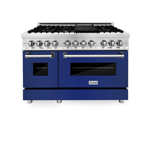 ZLINE 48 in. 6.0 cu. ft. Legacy Dual Fuel Range with 7 Burner Gas Cooktop and 2 Electric Ovens in Stainless Steel and Blue Gloss Doors (RA-BG-48) front, oven closed.