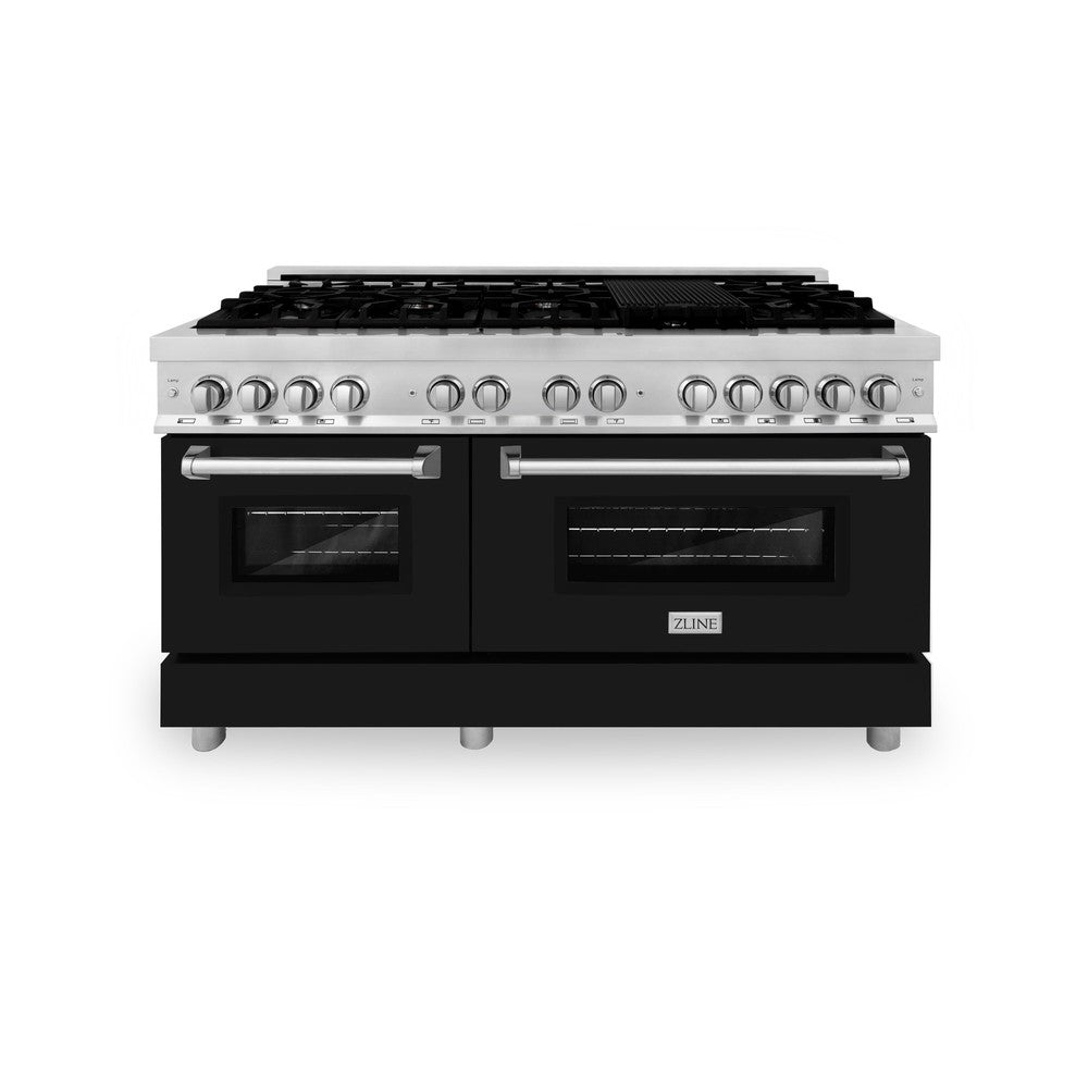 ZLINE 60 in. 7.4 cu. ft. Legacy Dual Fuel Range with 9 Burner Gas Cooktop and 2 Electric Convection Ovens in Stainless Steel and Black Matte Doors (RA-BLM-60) front, oven closed.