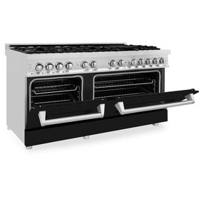 ZLINE 60 in. 7.4 cu. ft. Dual Fuel Range with Gas Stove and Electric Oven in Stainless Steel with Black Matte Doors (RA-BLM-60) side, ovens half open.