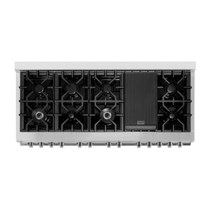 ZLINE 60 in. 7.4 cu. ft. Legacy Dual Fuel Range with 9 Burner Gas Cooktop and 2 Electric Convection Ovens in Stainless Steel and Black Matte Doors (RA-BLM-60) top-view, above cooktop.