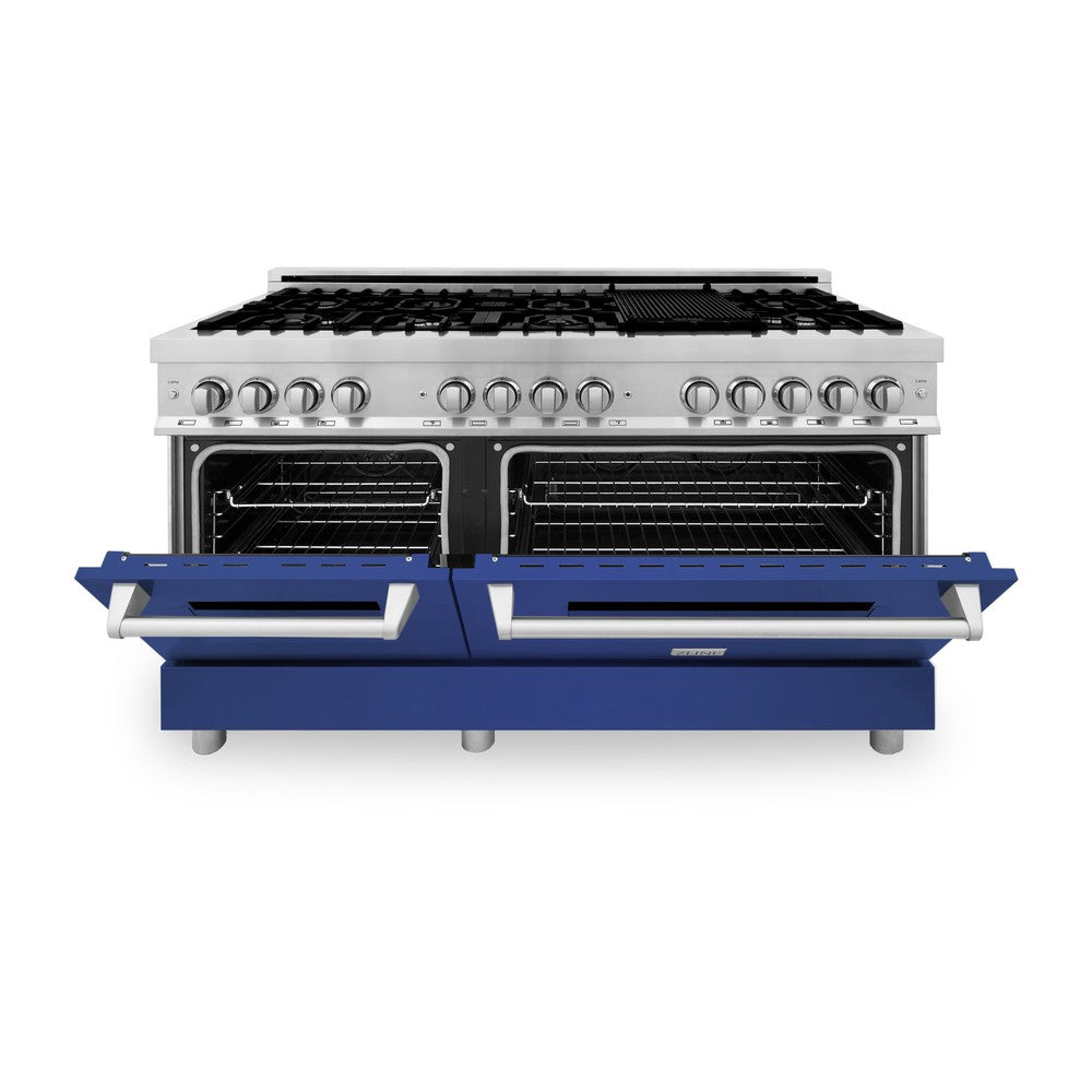 ZLINE 60 in. 7.4 cu. ft. Legacy Dual Fuel Range with 9 Burner Gas Cooktop and 2 Electric Convection Ovens in Stainless Steel and Blue Matte Doors (RA-BM-60) front, oven half open.