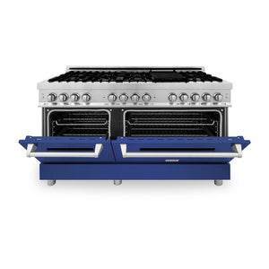 ZLINE 60 in. 7.4 cu. ft. Legacy Dual Fuel Range with 9 Burner Gas Cooktop and 2 Electric Convection Ovens in Stainless Steel and Blue Matte Doors (RA-BM-60) front, oven half open.