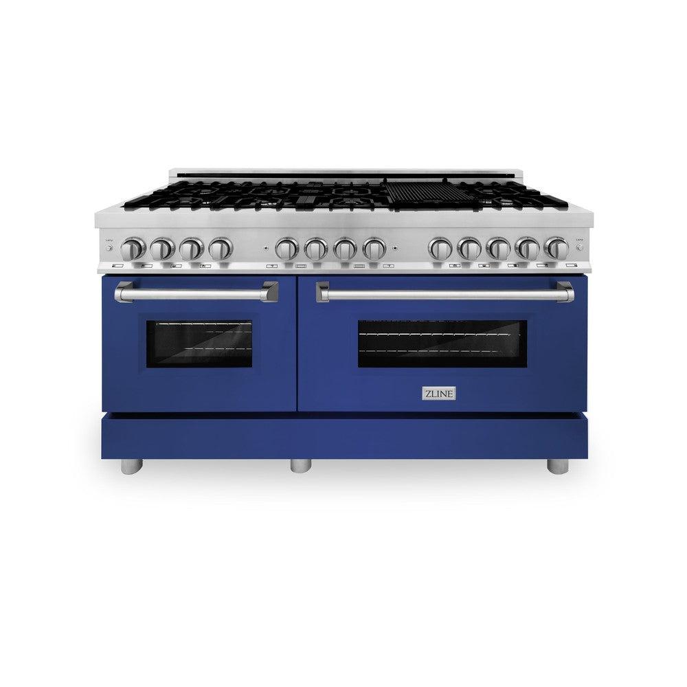 ZLINE 60 in. 7.4 cu. ft. Legacy Dual Fuel Range with 9 Burner Gas Cooktop and 2 Electric Convection Ovens in Stainless Steel and Blue Matte Doors (RA-BM-60) front, oven closed.