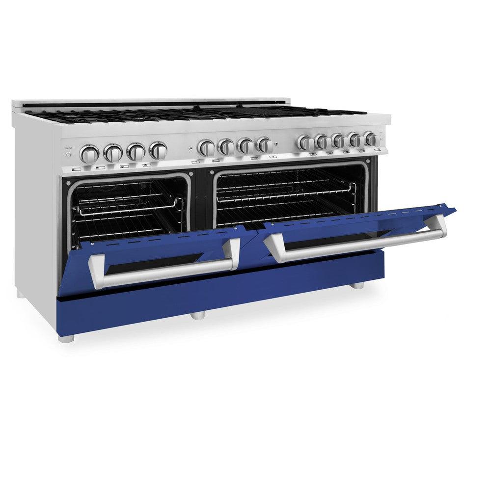 ZLINE 60 in. 7.4 cu. ft. Dual Fuel Range with Gas Stove and Electric Oven in Stainless Steel with Blue Matte Doors (RA-BM-60) side, ovens half open.