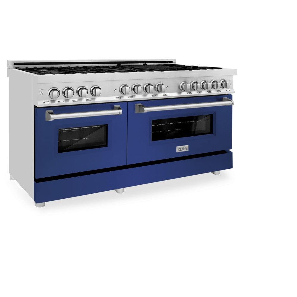 ZLINE 60 in. 7.4 cu. ft. Legacy Dual Fuel Range with 9 Burner Gas Cooktop and 2 Electric Convection Ovens in Stainless Steel and Blue Matte Doors (RA-BM-60) side, oven closed.