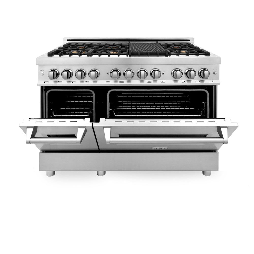 ZLINE 48 in. 6.0 cu. ft. Legacy Dual Fuel Range with Gas Cooktop and 2 Electric Ovens in Stainless Steel with 6 Brass Burners (RA-BR-48) front, oven half open.