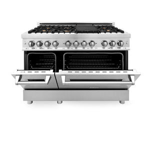 ZLINE 48 in. 6.0 cu. ft. Legacy Dual Fuel Range with Gas Cooktop and 2 Electric Ovens in Stainless Steel with Brass Burners (RA-BR-48) front, oven half open.