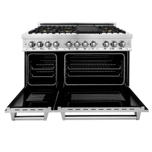 ZLINE 48 in. 6.0 cu. ft. Legacy Dual Fuel Range with Gas Cooktop and 2 Electric Ovens in Stainless Steel with Brass Burners (RA-BR-48) front, open.