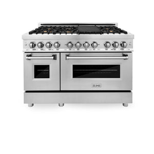 ZLINE 48 in. 6.0 cu. ft. Legacy Dual Fuel Range with Gas Cooktop and 2 Electric Ovens in Stainless Steel with 6 Brass Burners (RA-BR-48) front, oven closed.