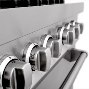 Stainless steel cooktop and oven knobs on ZLINE 48-inch Dual Fuel Range.